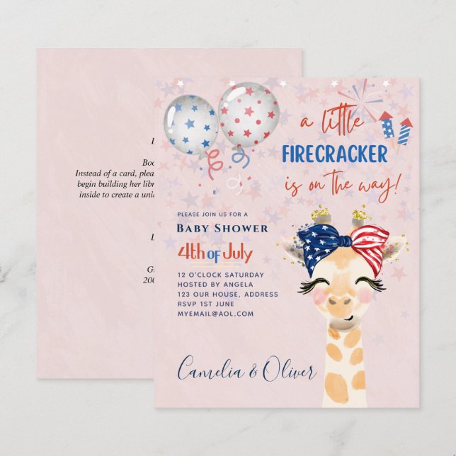 4 juillet BABY SHOWER INVITATION Firecracker Giraf (Devant / Derrière)