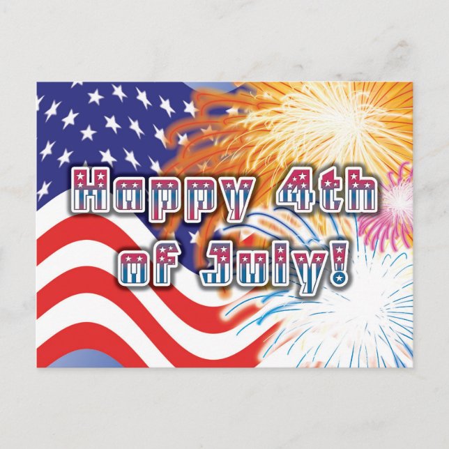 4 juillet carte postale avec drapeau et feux d'art (Devant)