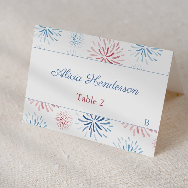 4 juillet Feu d'artifice Rouge Blanc Bleu Carte Pl (Individual place card design featuring red white and blue firework bursts)