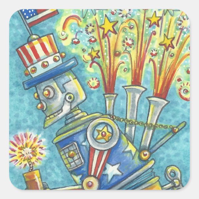 4 juillet FEU ROBOT STICKERS Squ. * Feuille (Devant)