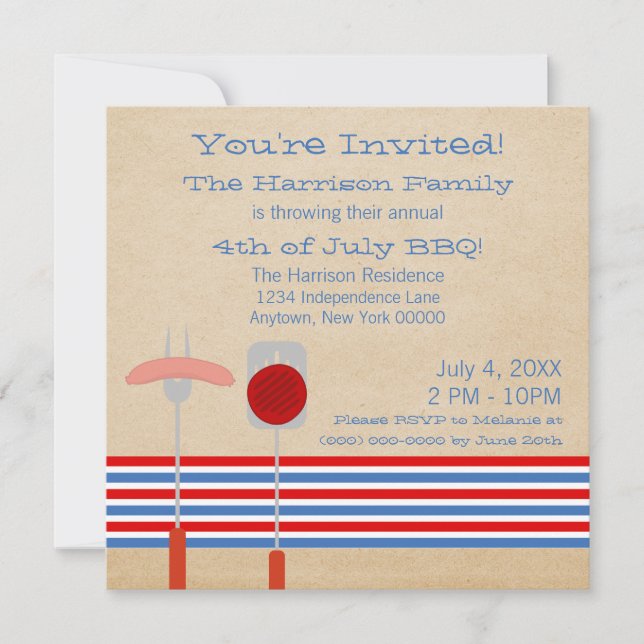 4 juillet Invitation de grillages barbecue rayé (Devant)