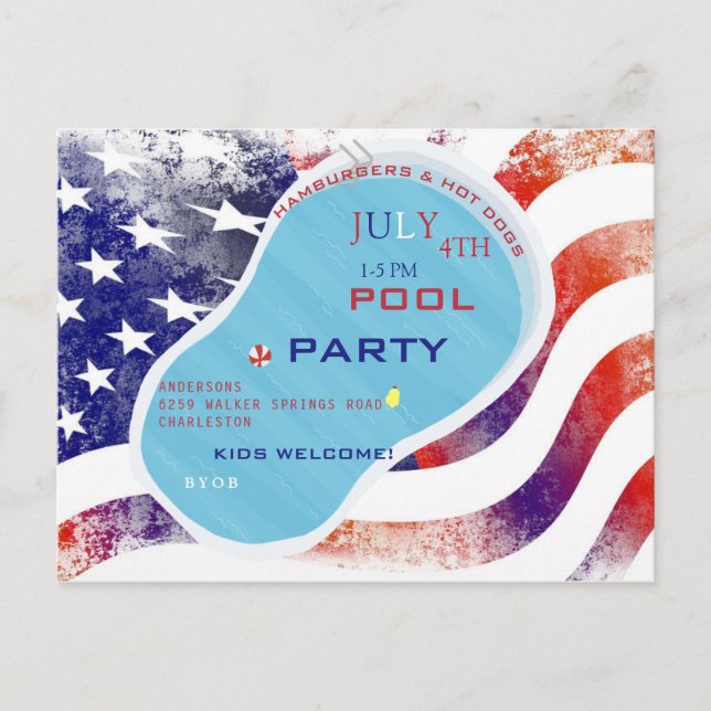 4 juillet Piscine flag Invitation Carte postale (Devant)