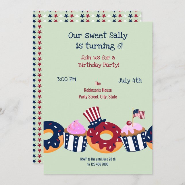 4 juillet Sweet Birthday Girl Party Invitation (Devant / Derrière)