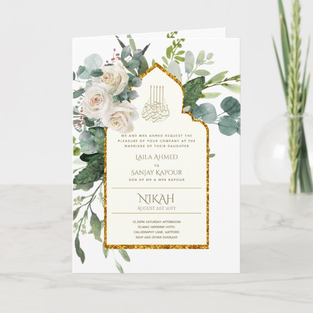 4 Page NIKAH WALIMA Invitation Roses blanches Mer  (Devant)