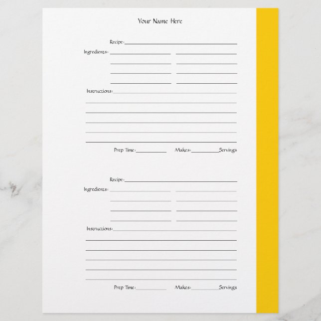 4 par page - Pages à 2 faces jaunes de recette (Devant)