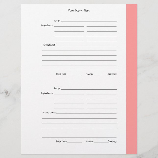 4 par page - Pages de recette recto-recto rose (Devant)