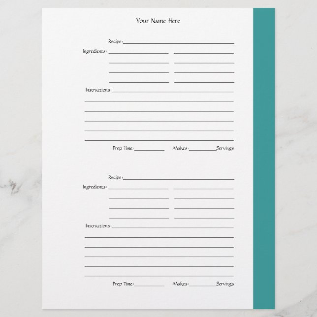 4 par page - Pages de recette Turquoises à 2 faces (Devant)
