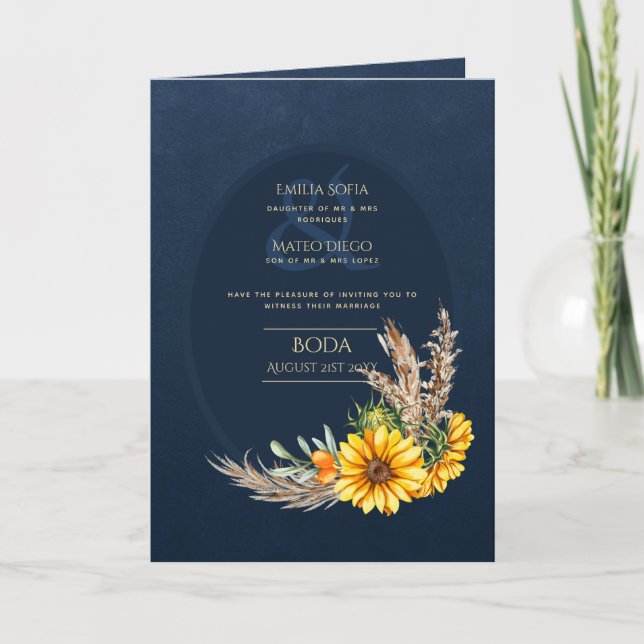 4 pg Espagnol BODA Invitations Marine Blue Sunflow (Devant)