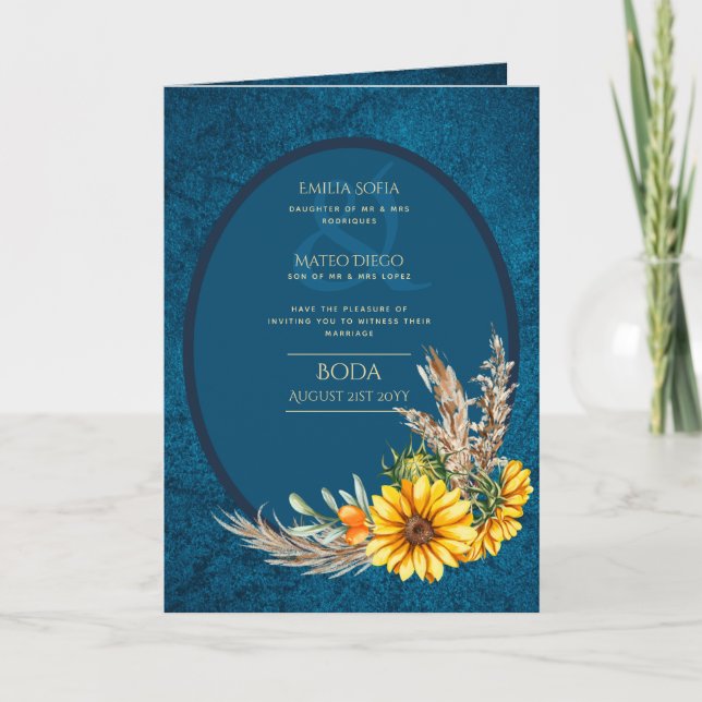 4 pg Espagnol BODA Invitations Marine Blue Sunflow (Devant)