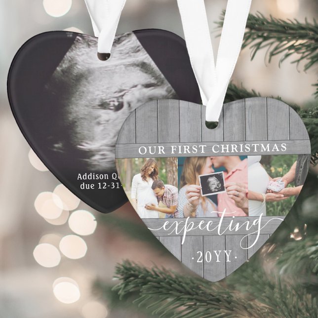 4 Photo Grossesse 1er Noël Gris Faux Bois Coeur (Créateur téléchargé)