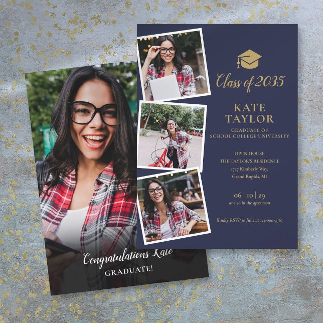 4 Photo Invitation de fête de remise des diplômes  (4 Photo Navy Blue Gold Graduation Party Invitation)