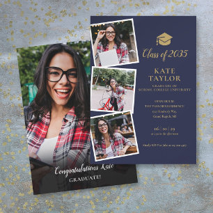 4 Photo Navy Blue Gold Graduation Party Invitation
