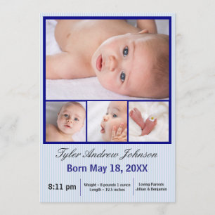4 Photos Collage Bleu Stripes - Faire-part de nais