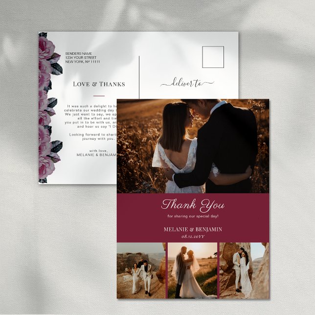 4 Photos Pink Romantic Floral Merci Carte postale (4 Photos Pink Romantic Floral Thank You Postcard)