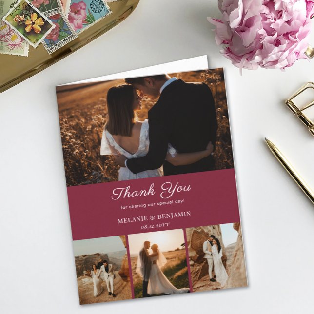 4 Photos Rose rose Carte de remerciements de fleur (4 Photos Rose Pink Romantic Flower Thank You Card)