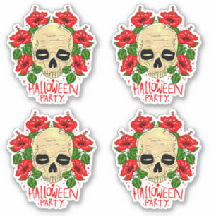 4 Sticker Halloween Party Crâne sang Fleurs rouges