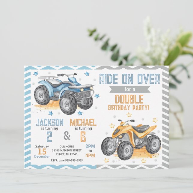 4 Wheeler Quad Bike ATV Joint Birthday Invitation (Debout devant)