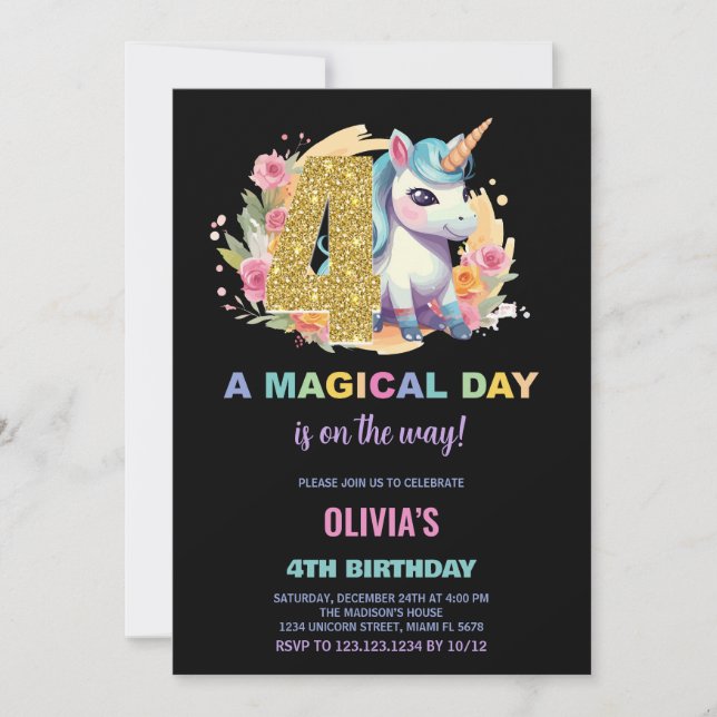 4e anniversaire Unicorn Invitations anniversaire (Devant)