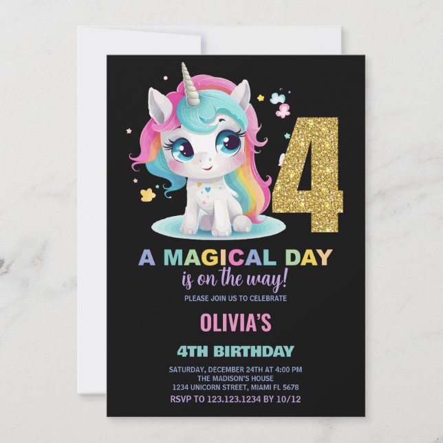 4e anniversaire Unicorn Invitations anniversaire (Devant)