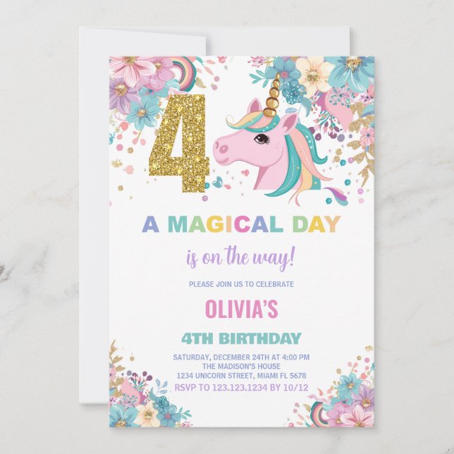 4e anniversaire Unicorn Invitations anniversaire (Devant)