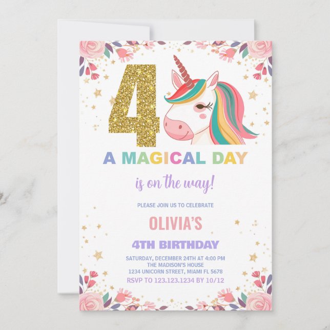 4e anniversaire Unicorn Invitations anniversaire (Devant)