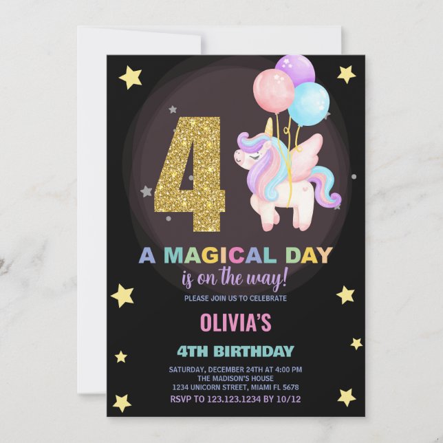 4e anniversaire Unicorn Invitations anniversaire (Devant)