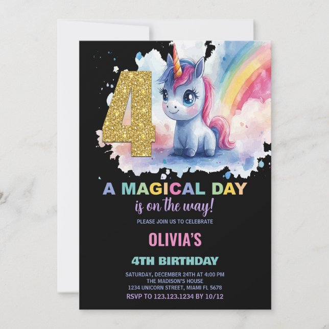 4e anniversaire Unicorn Invitations anniversaire (Devant)