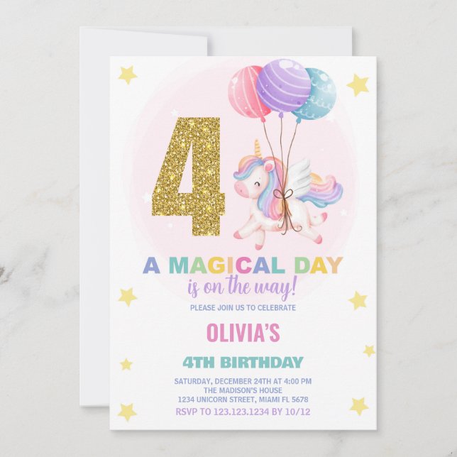 4e anniversaire Unicorn Invitations anniversaire (Devant)