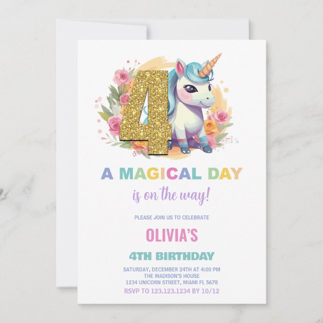 4e anniversaire Unicorn Invitations anniversaire (Devant)