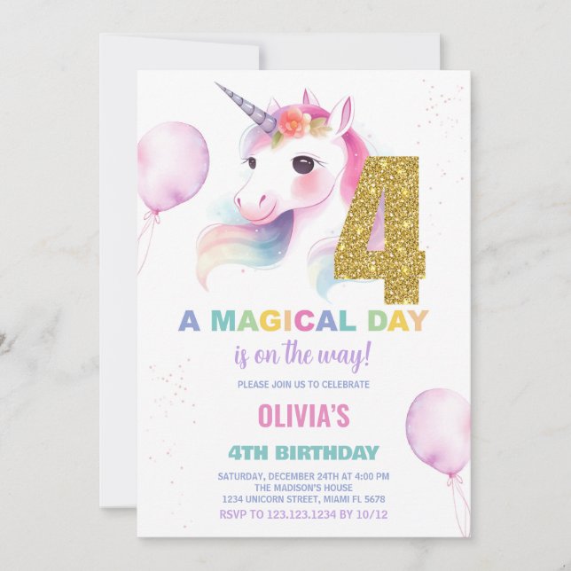 4e anniversaire Unicorn Invitations anniversaire (Devant)