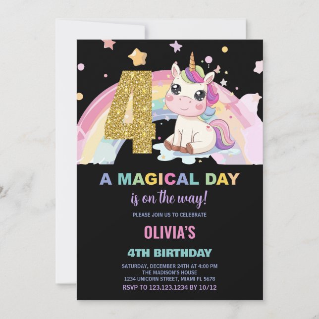 4e anniversaire Unicorn Invitations anniversaire (Devant)