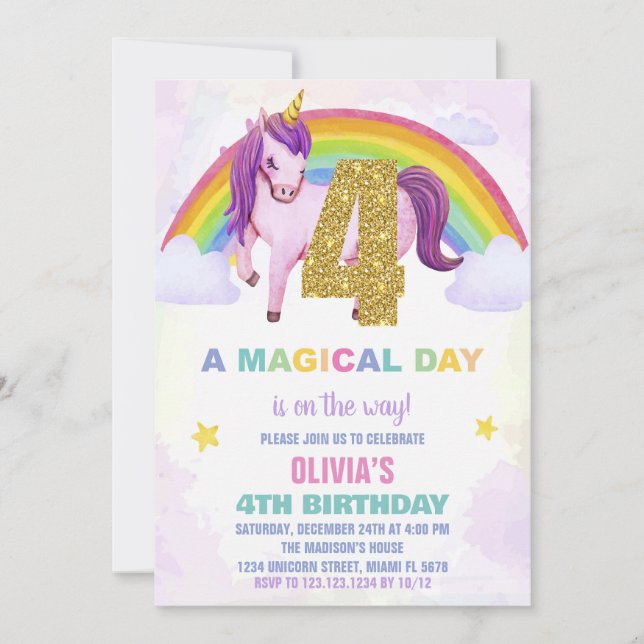 4e Rainbow Unicorn Anniversaire Invitations Cloud (Devant)