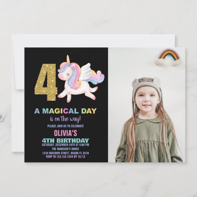 4e Rainbow Unicorn Birthday Invitations photo (Devant)
