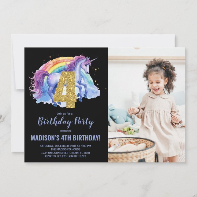 4e Rainbow Unicorn Birthday Invitations photo (Devant)