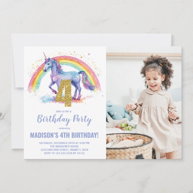 4e Rainbow Unicorn Birthday Invitations photo (Devant)
