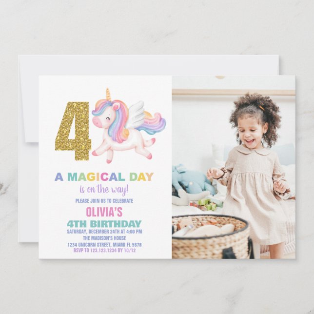 4e Rainbow Unicorn Invitations Anniversaire avec p (Devant)