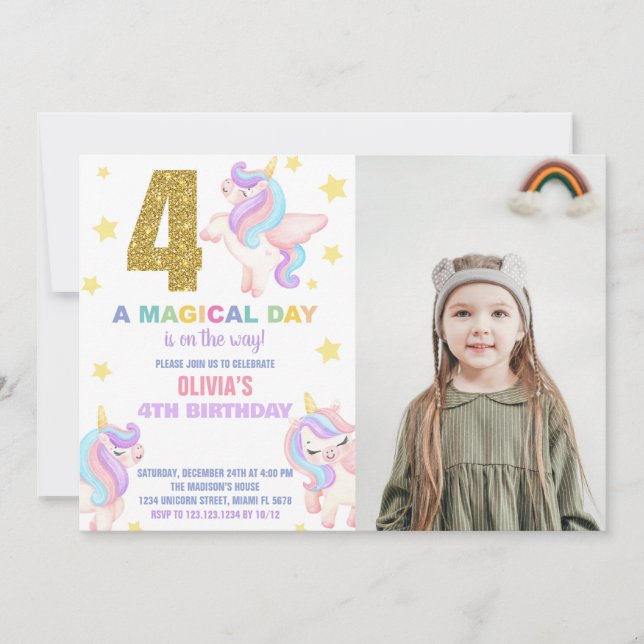 4e Rainbow Unicorn Invitations Anniversaire avec p (Devant)