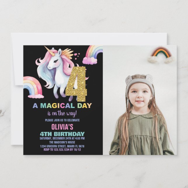 4e Rainbow Unicorn Invitations Anniversaire avec p (Devant)