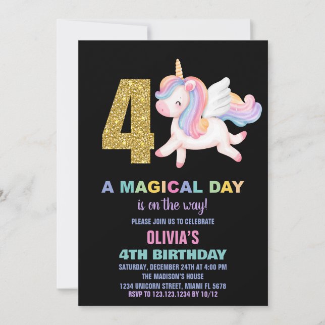 4e Rainbow Unicorn Invitations Anniversaire Noir (Devant)