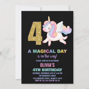 4e Rainbow Unicorn Invitations Anniversaire Noir