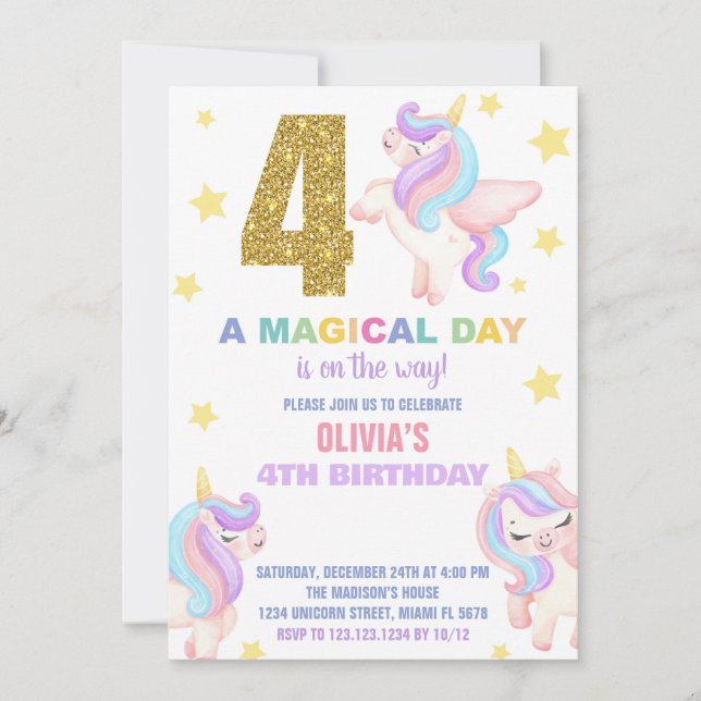 4e Rainbow Unicorn Invitations Anniversaire Vol (Devant)