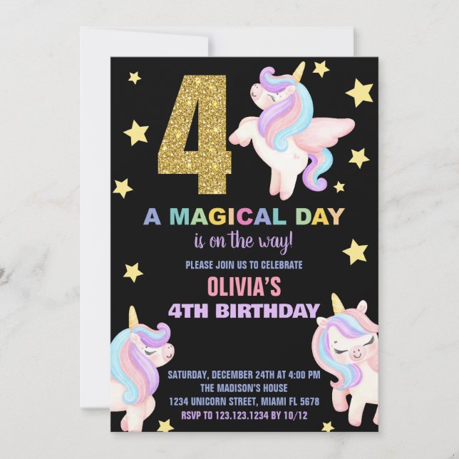 4e Rainbow Unicorn Invitations Anniversaire Vol (Devant)