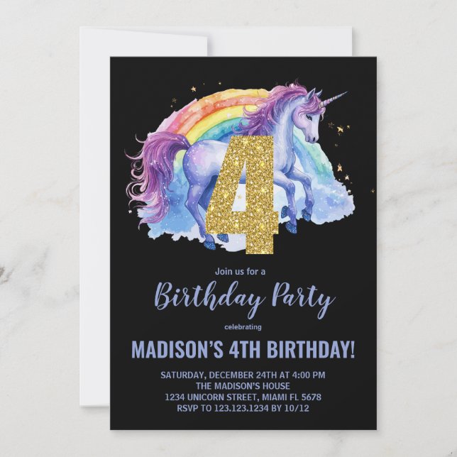 4e Rainbow Unicorn Invitations d'anniversaire (Devant)