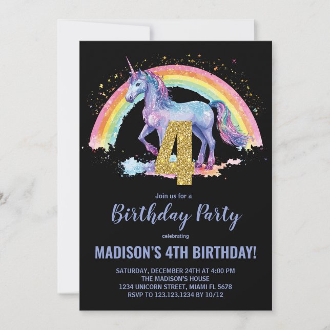 4e Rainbow Unicorn Invitations d'anniversaire (Devant)