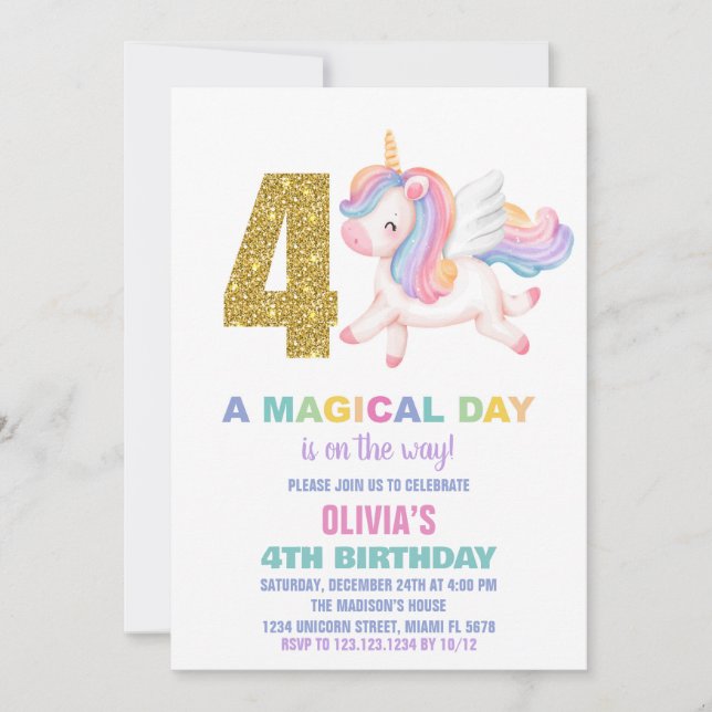 4e Rainbow Unicorn Invitations d'anniversaire (Devant)