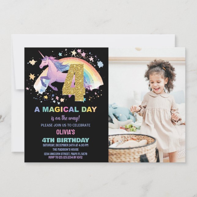 4e Unicorn Invitations d'anniversaire avec photo (Devant)