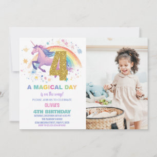 4e Unicorn Invitations d'anniversaire avec photo