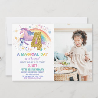 4e Unicorn Invitations d'anniversaire avec photo