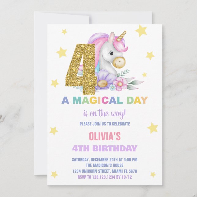4e Unicorne Florale Invitations d'anniversaire (Devant)