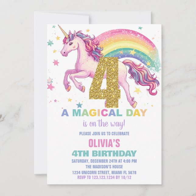 4ème Unicorn Invitations d'anniversaire (Devant)